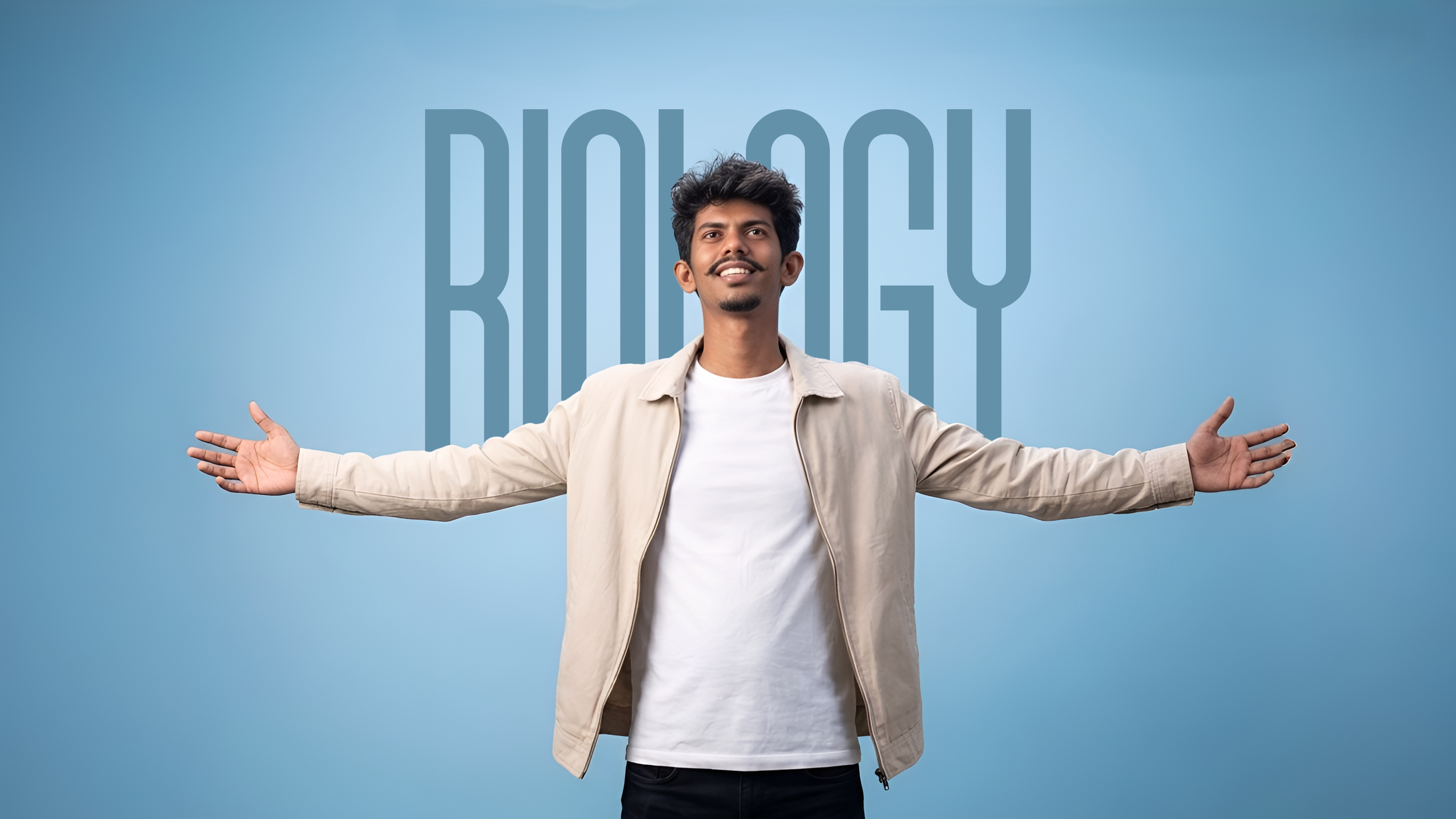 Chanuka Wijewanthra, biology tutor, standing with open arms